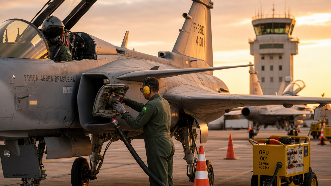 Técnico da Força Aérea Brasileira realiza manutenção em caça F-39E na pista com torre de controle ao fundo.