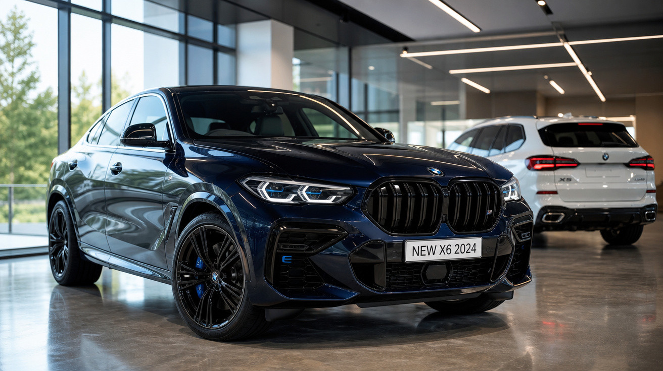 SUV BMW X6 2024 azul escuro em exposição, com SUV branco ao fundo, em ambiente interno moderno.