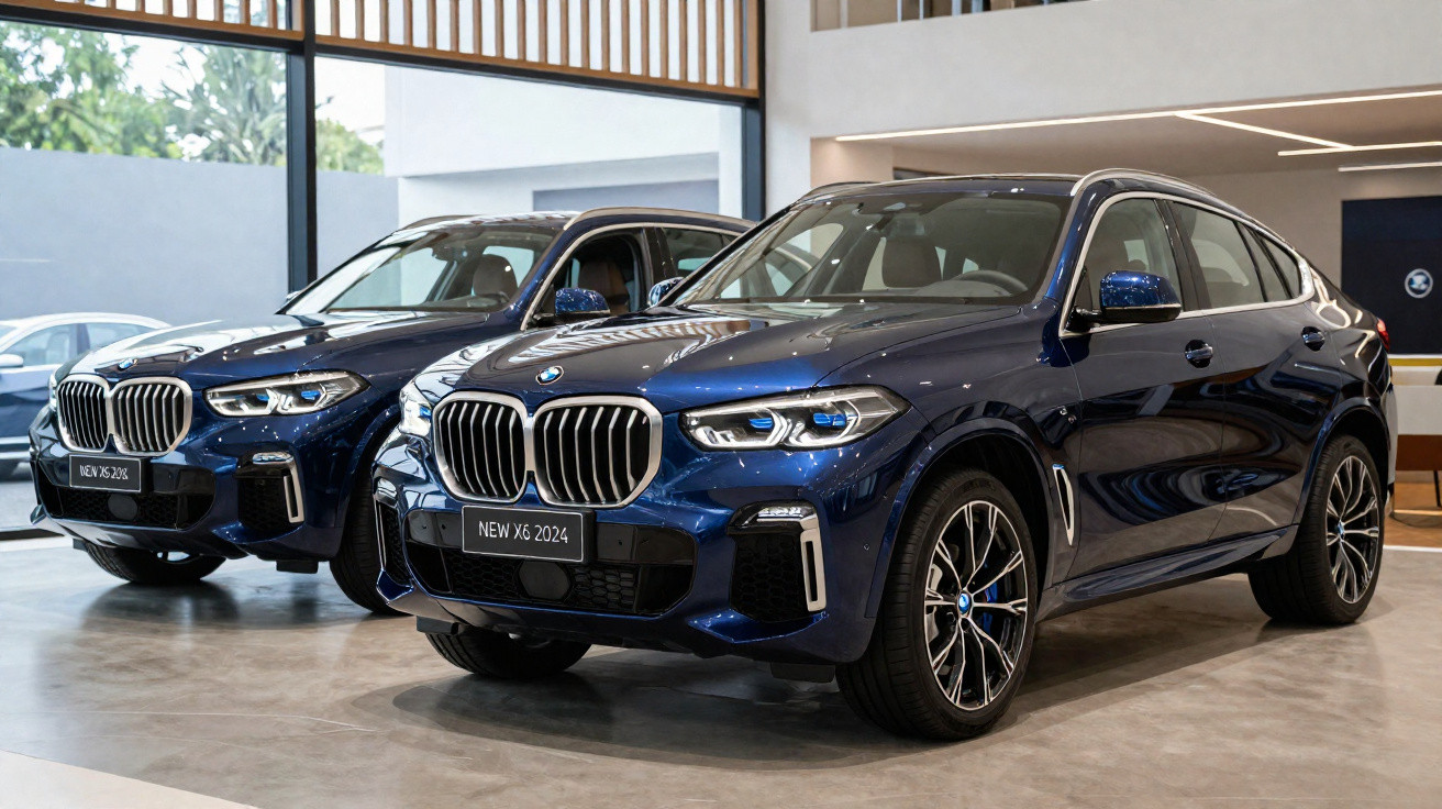 Dois carros BMW X6 2024 na cor azul escuro exibidos em showroom moderno.