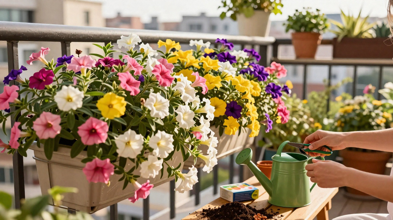 Pessoa regando flores coloridas em vaso de varanda ensolarada com prédios ao fundo.