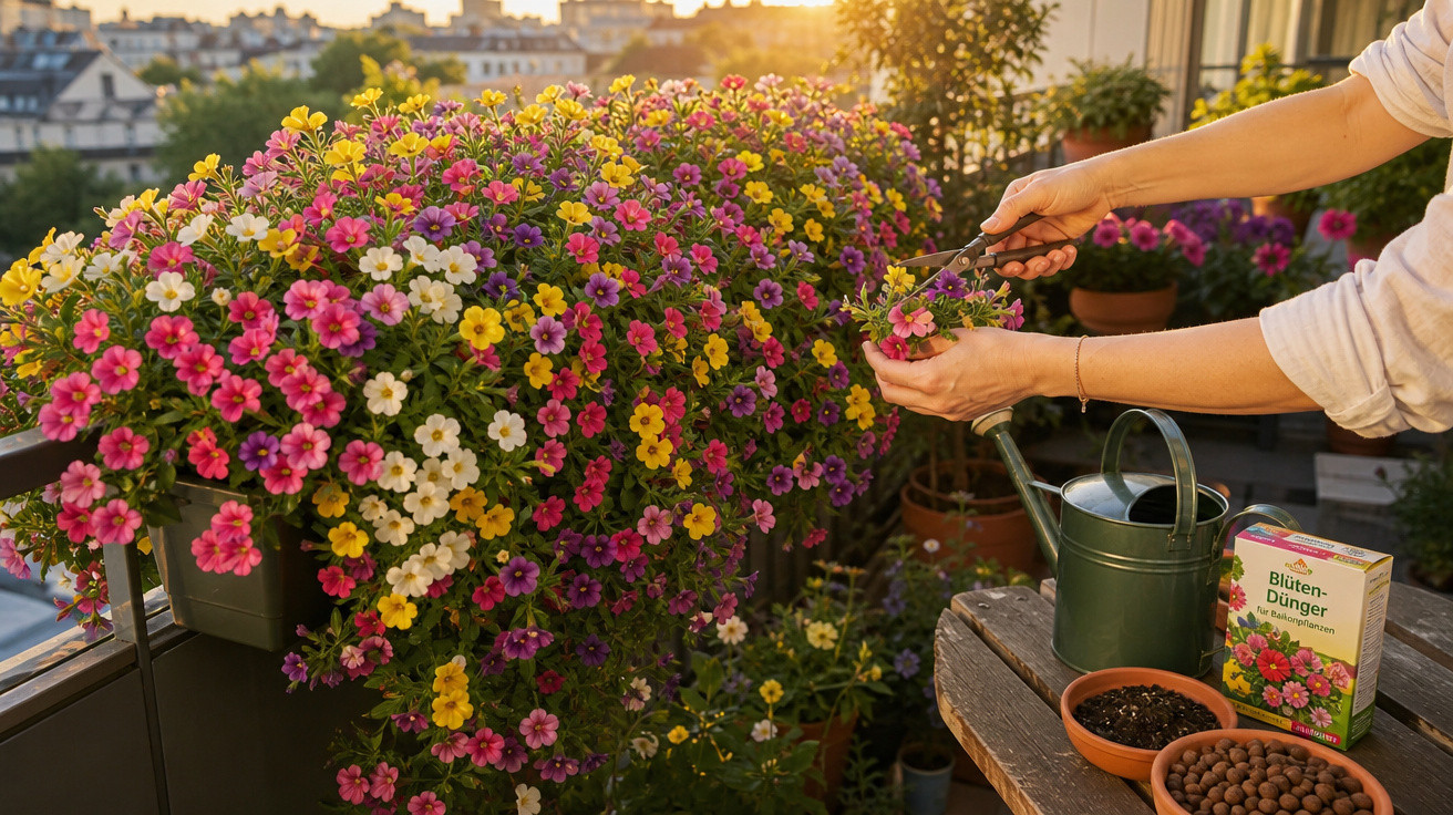 Pessoa cuidando de flores coloridas em vaso na varanda ao entardecer.