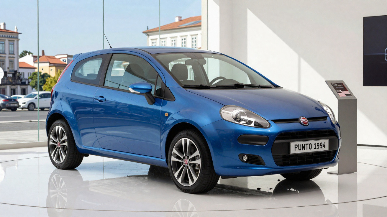 Carro hatchback azul Fiat Punto 1994 exposto em plataforma branca em ambiente urbano.