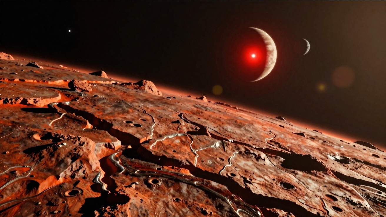 Superfície de planeta vermelho com crateras e rios, vista de luas alinhadas com uma estrela vermelha no espaço.