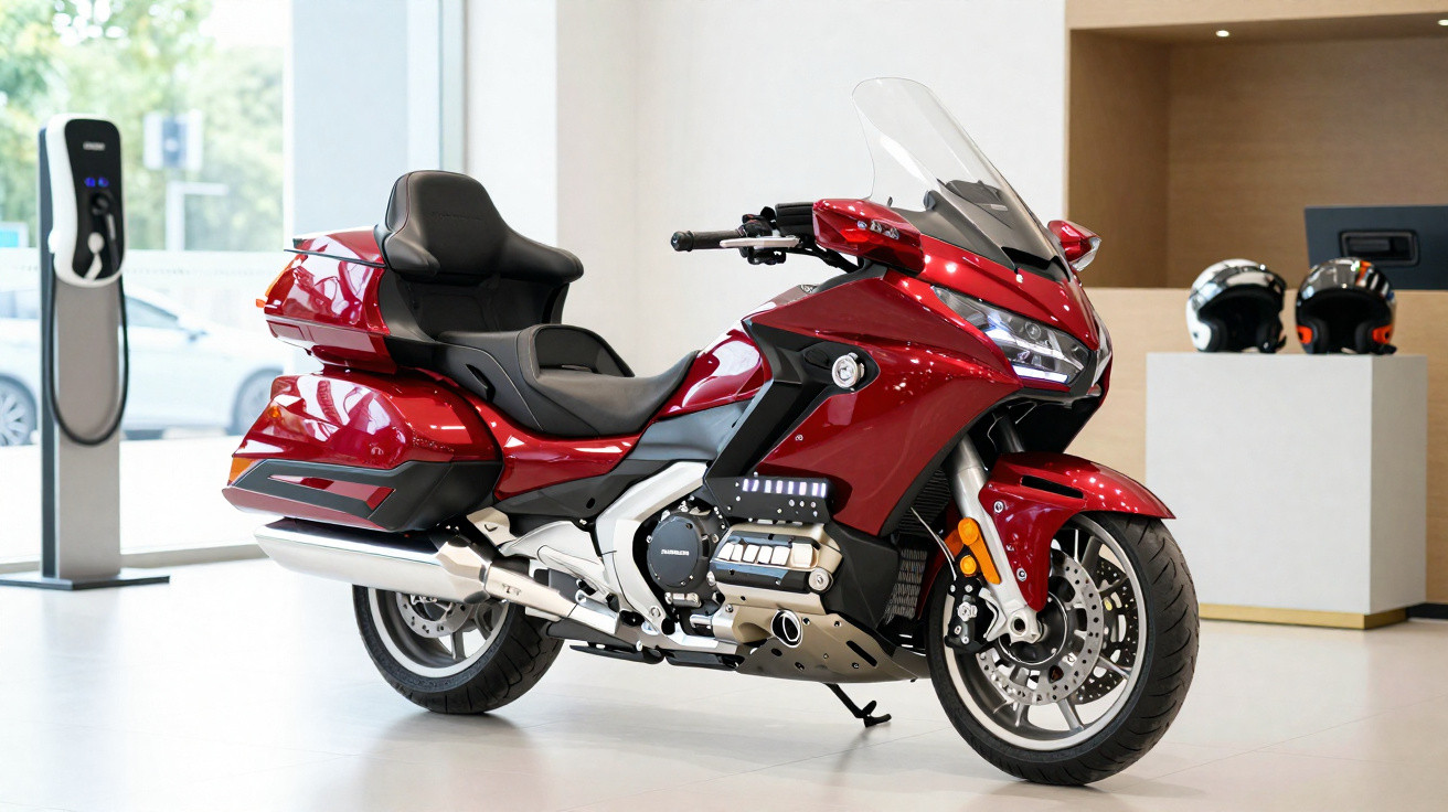 Motocicleta turismo vermelha estacionada em showroom moderno e iluminado.