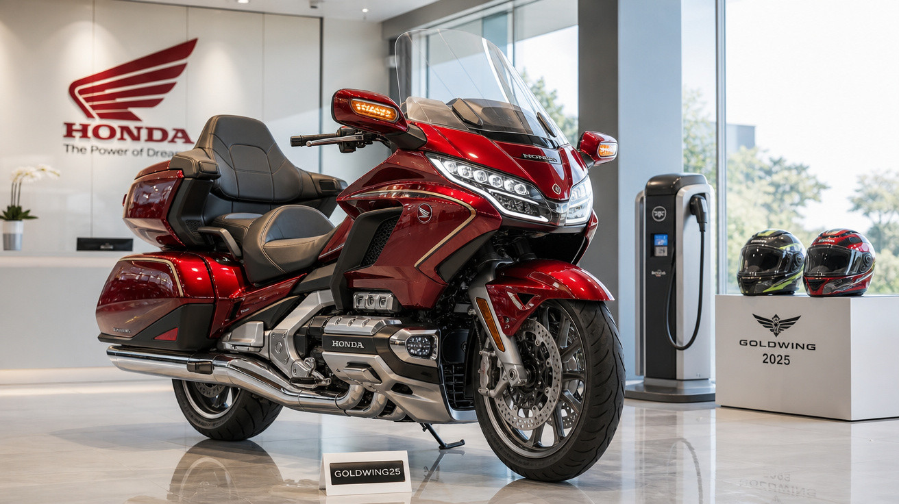 Moto Honda Goldwing vermelha exposta em salão com capacetes e carregador elétrico ao fundo.