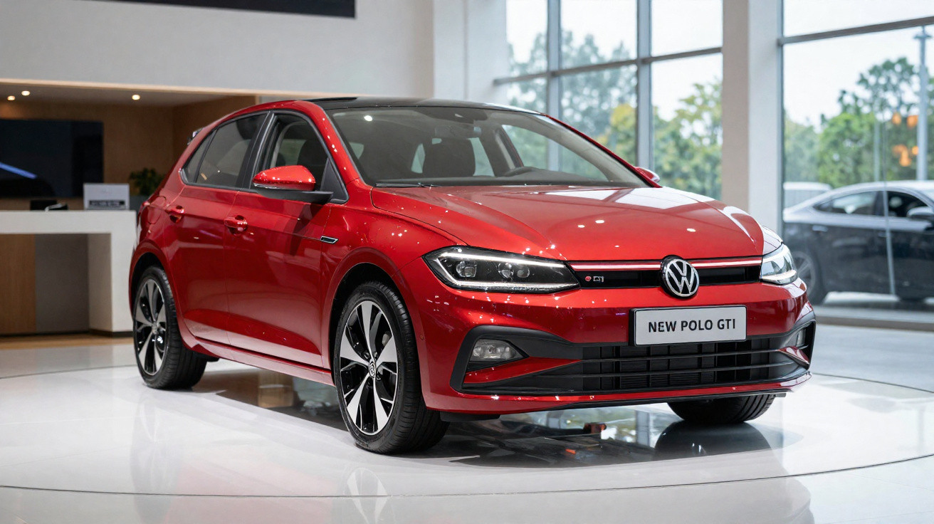 Carro Volkswagen New Polo GTI vermelho, moderno, exposto em showroom com piso branco e grandes janelas.