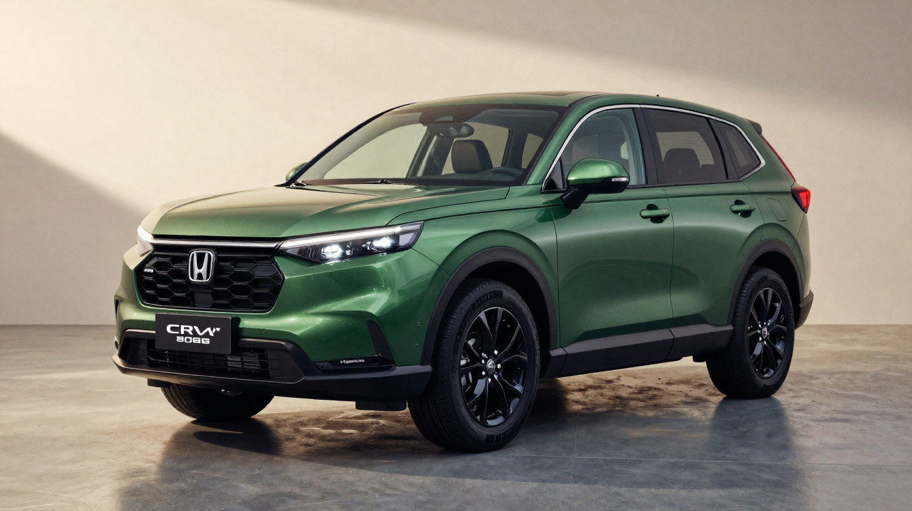 Carro SUV Honda CR-V 2023 verde metálico estacionado em ambiente interno com piso cinza.
