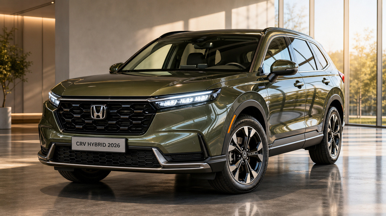 SUV Honda CR-V Hybrid 2026 verde, estacionado em ambiente interno com iluminação natural.