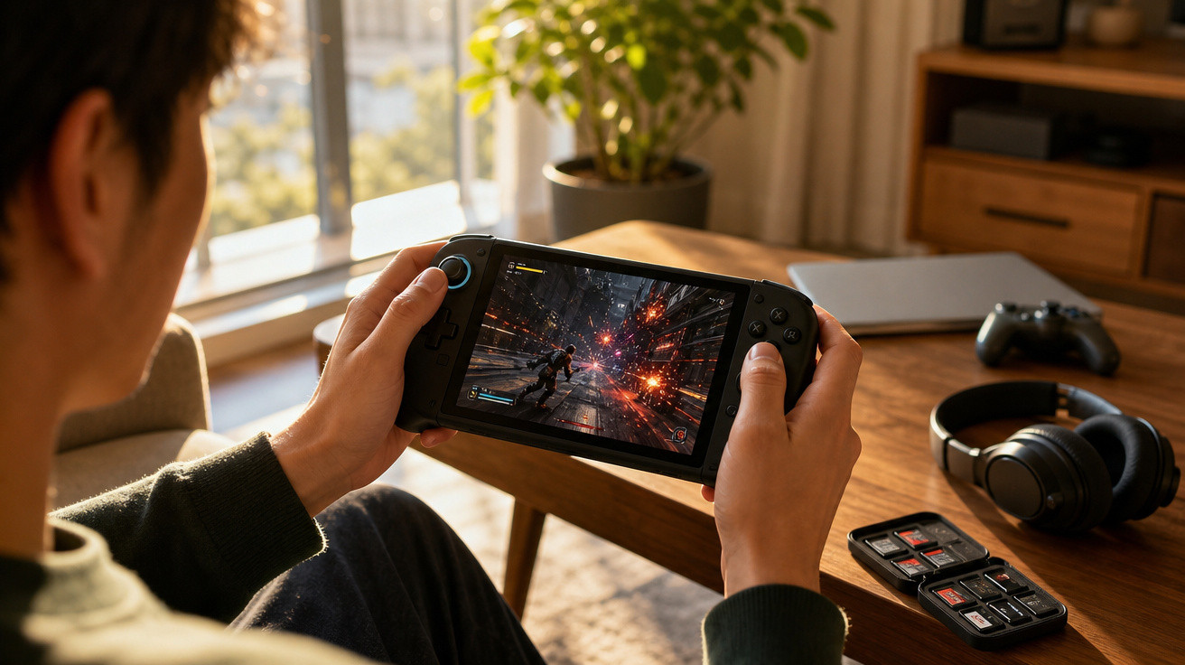 Pessoa jogando game de ação em console portátil dentro de uma sala iluminada e confortável.
