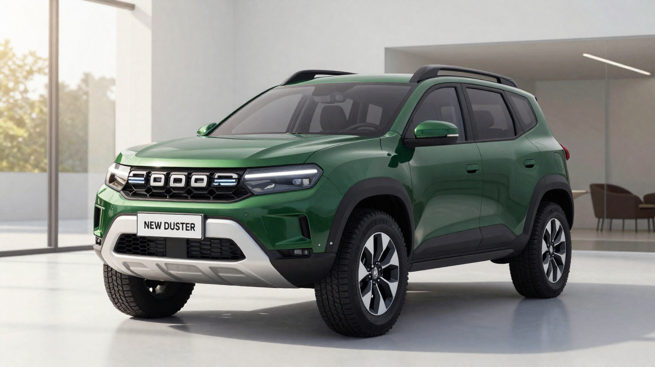 SUV verde Dacia New Duster estacionado em ambiente interno minimalista e iluminado.