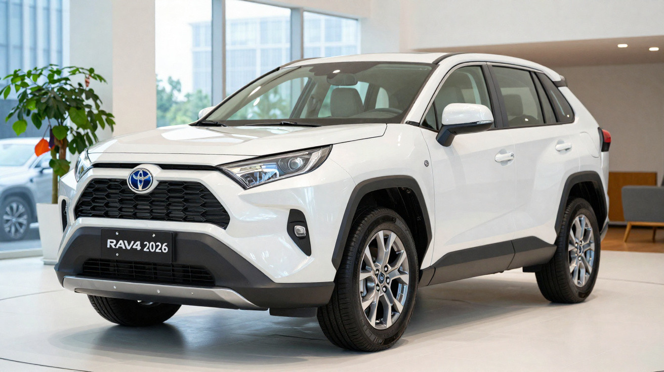 Carro SUV Toyota RAV4 branco modelo 2026 exibido em showroom moderno e iluminado.