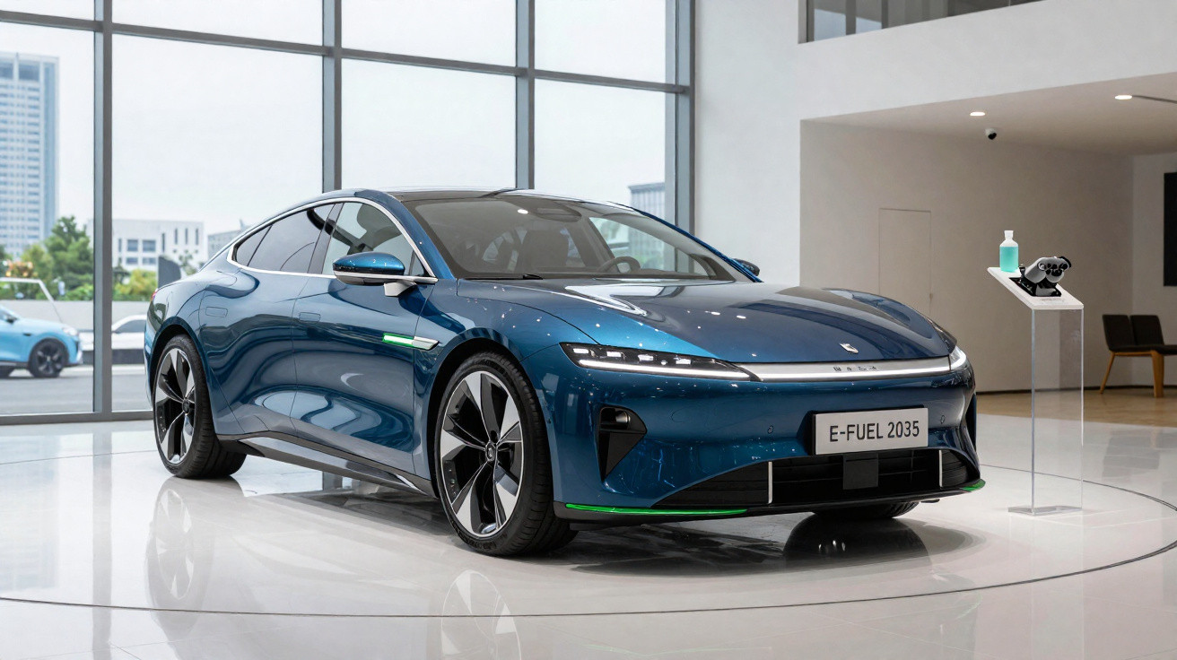 Carro elétrico azul E-Fuel 2035 em exposição, com design moderno e iluminação LED no salão.