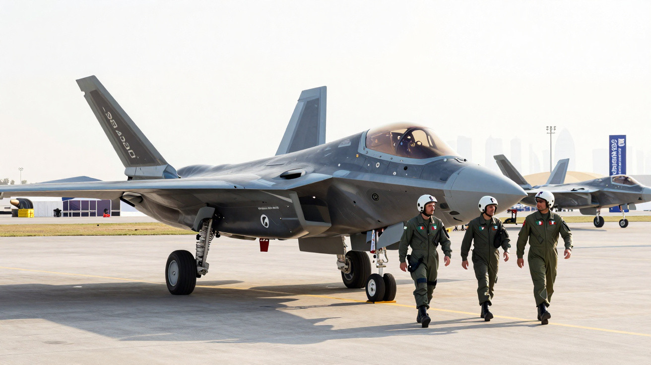 Caça F-35 estacionado em pista com três pilotos militares caminhando ao lado com macacões verdes e capacetes brancos.