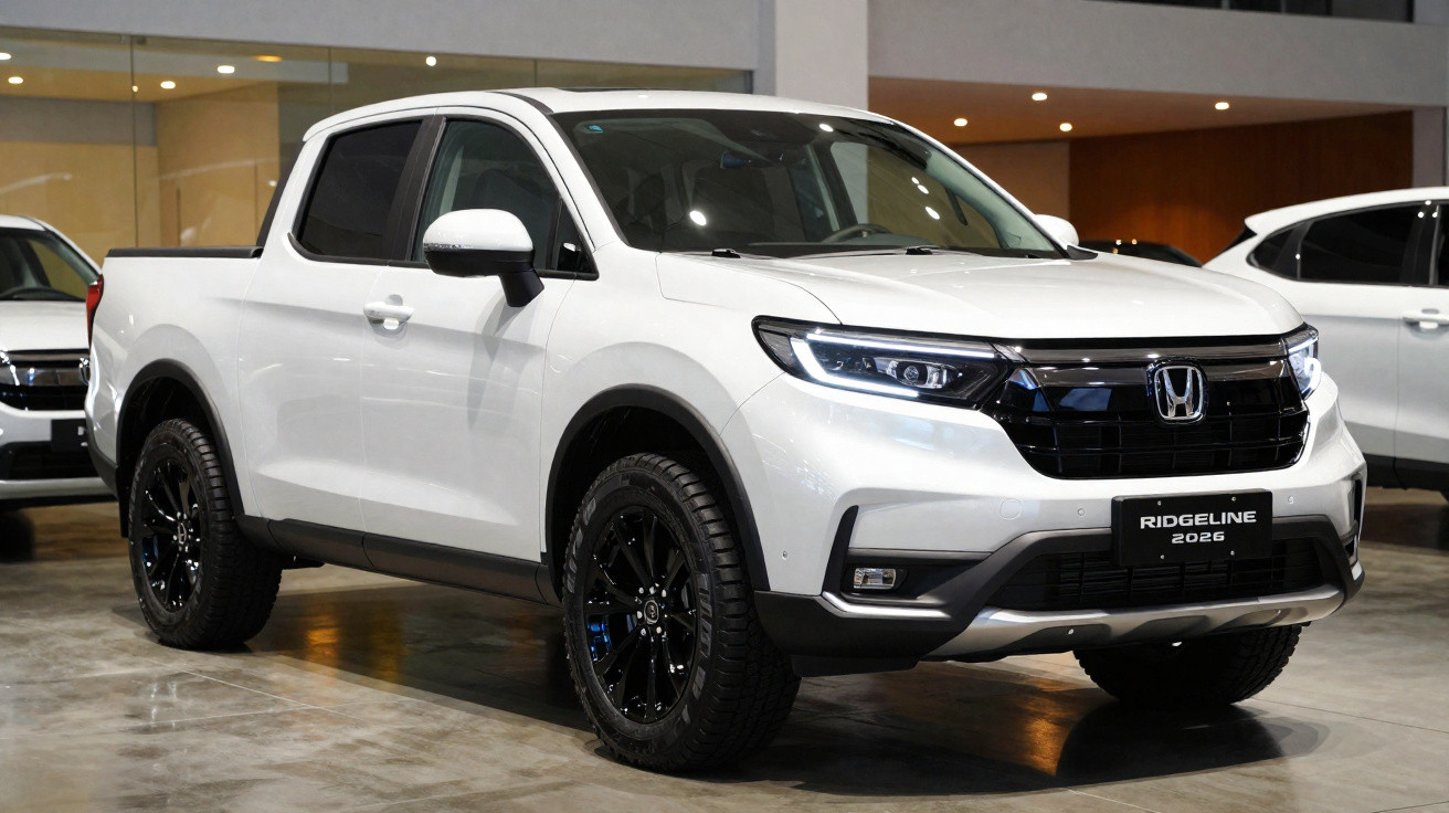 Picape Honda Ridgeline 2026 branca exibida em showroom moderno com rodas pretas.