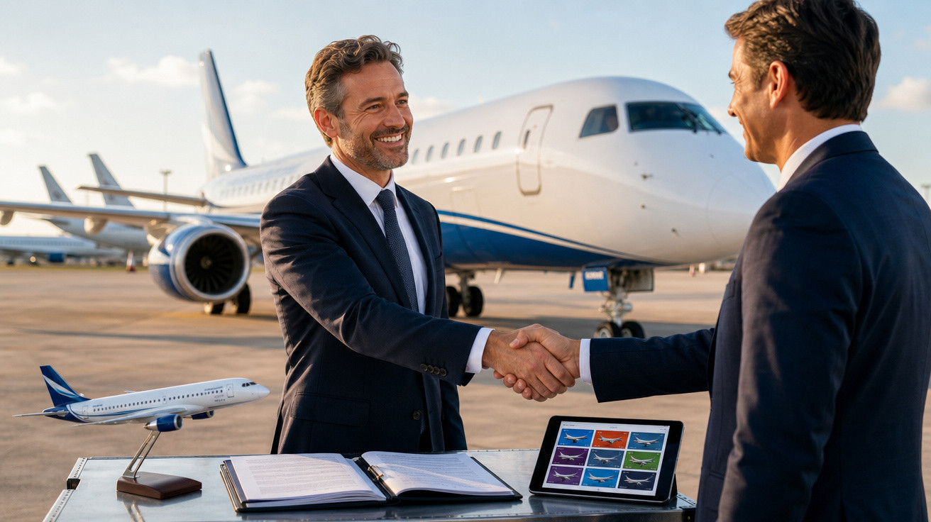 Dois homens de terno apertam as mãos em pista de aeroporto com avião e maquete de avião ao lado.