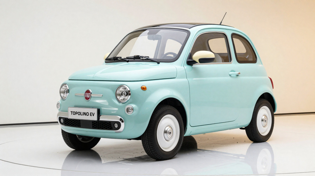 Carro elétrico Fiat Topolino EV azul claro em estúdio com fundo neutro.