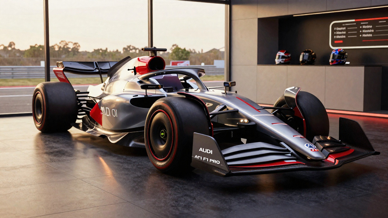 Carro de Fórmula 1 da Audi preto e prata exibido em uma garagem moderna com capacetes ao fundo.