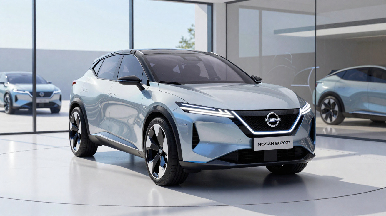 Carro elétrico Nissan EV 2027 prateado exibido em showroom moderno com paredes de vidro.