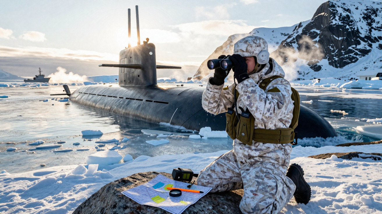 Militar com uniforme branco usa binóculos perto de submarino cercado por gelo em área ártica.