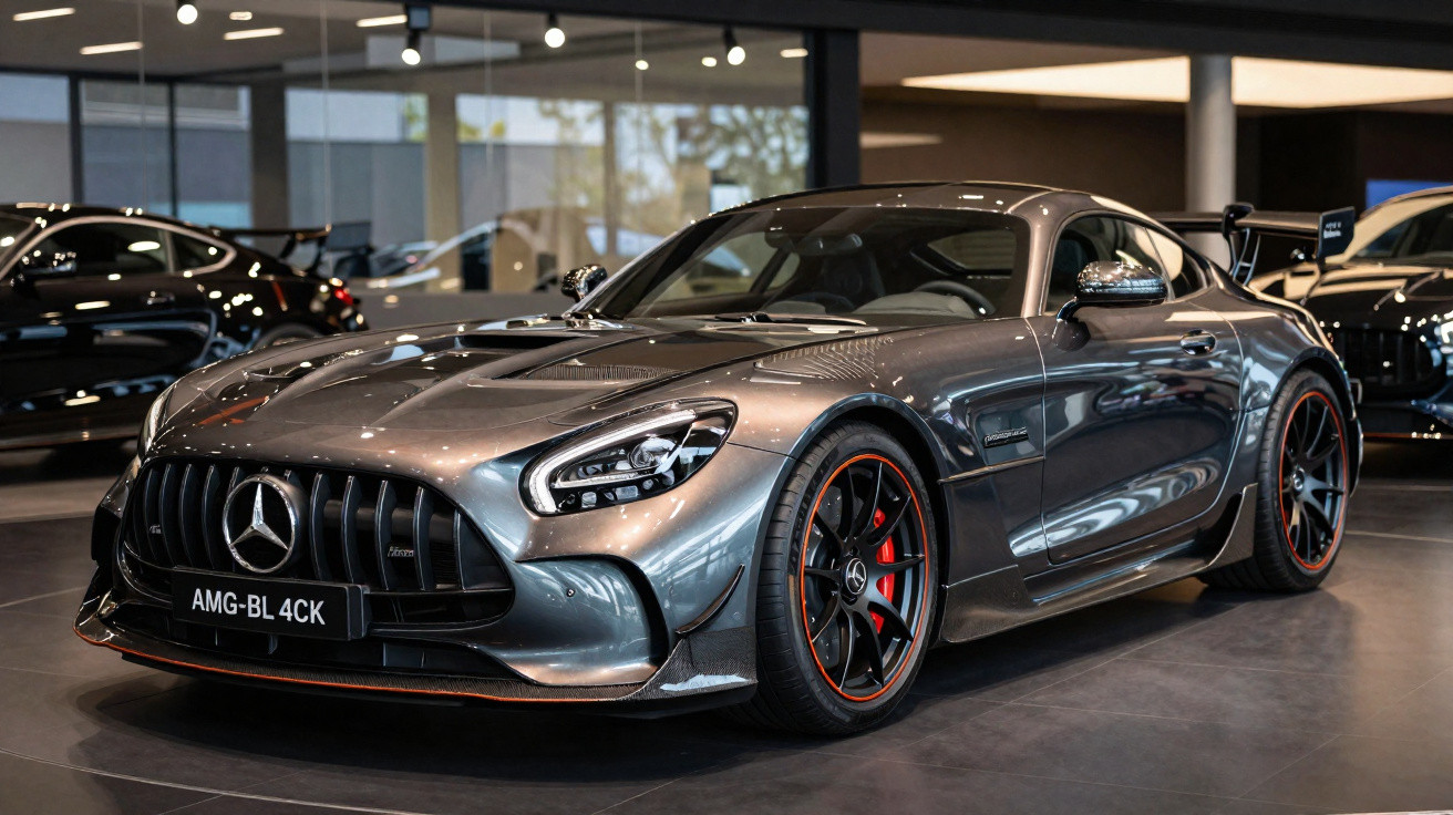 Carro esportivo Mercedes-Benz AMG cinza metálico em showroom com rodas esportivas e detalhes em vermelho.