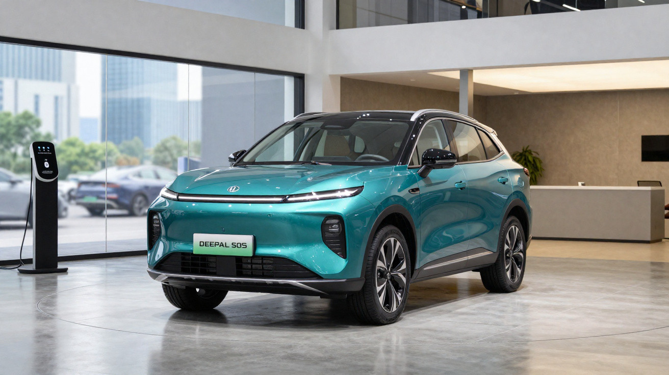 Carro elétrico verde estacionado em showroom moderno com estação de recarga ao lado.