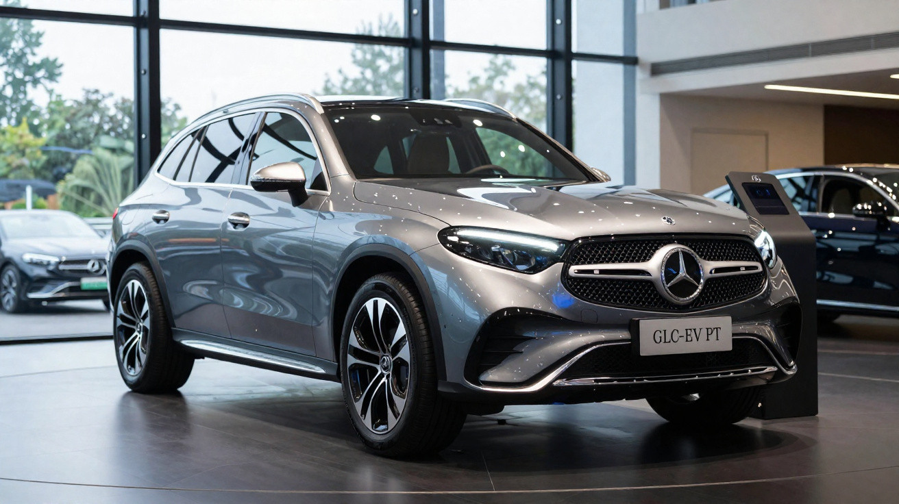 SUV Mercedes-Benz prata modelo GLC-EV PT exibido em concessionária moderna.