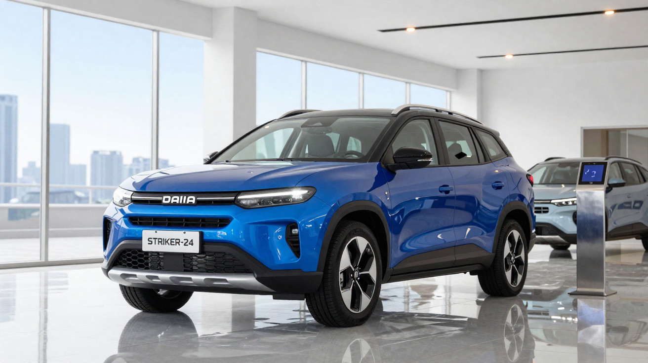 Carro SUV azul Dallia Striker-24 exposto em showroom moderno com grandes janelas e iluminação natural.