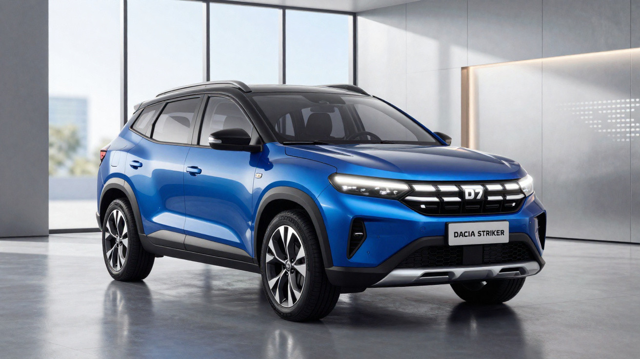 SUV Dacia Striker azul em ambiente interno moderno com piso cinza e parede clara.