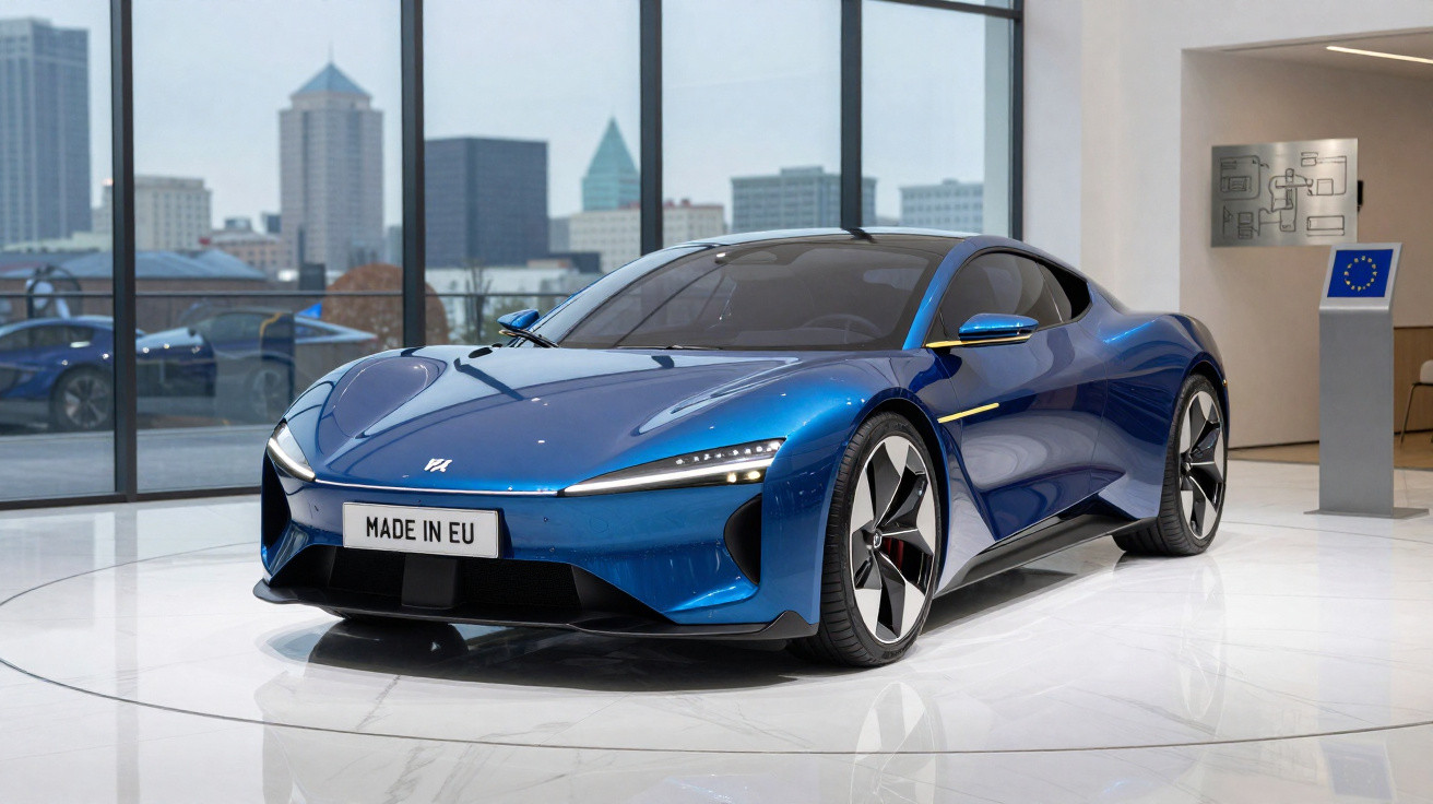 Carro esportivo azul metálico em exposição interna com placa "Made in EU" e cidade ao fundo.