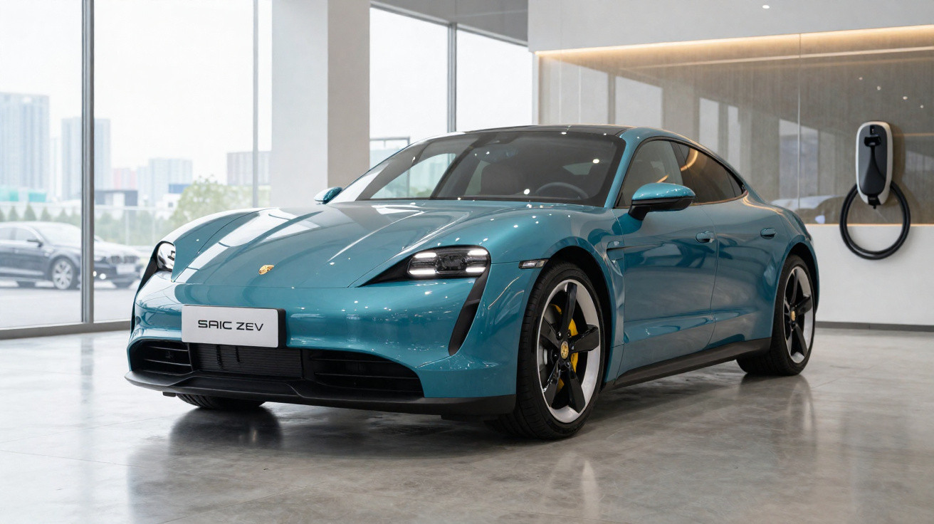 Carro esportivo elétrico azul estacionado em showroom moderno com carregador na parede.