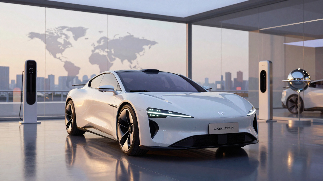 Carro esportivo elétrico branco em showroom moderno com mapa-múndi na parede e estação de recarga ao lado.