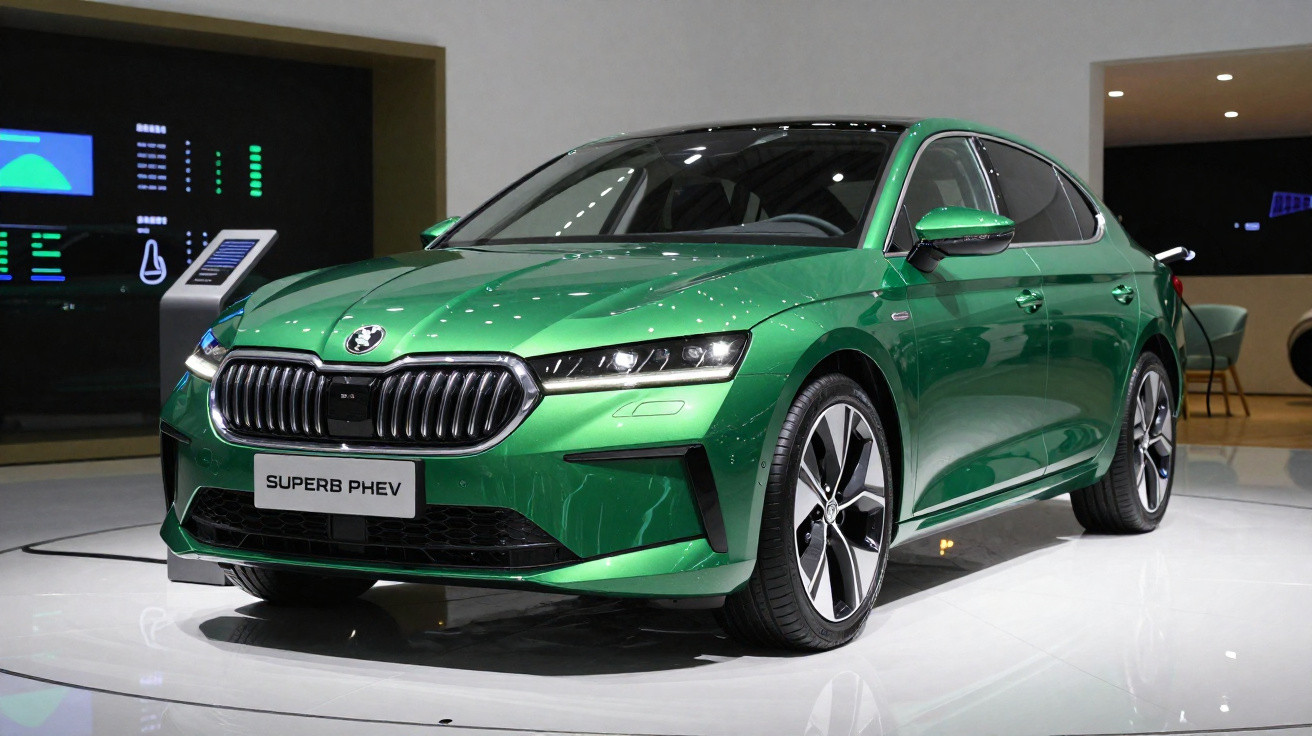 Carro verde metálico Škoda Superb PHEV em exposição, vista frontal em ângulo.