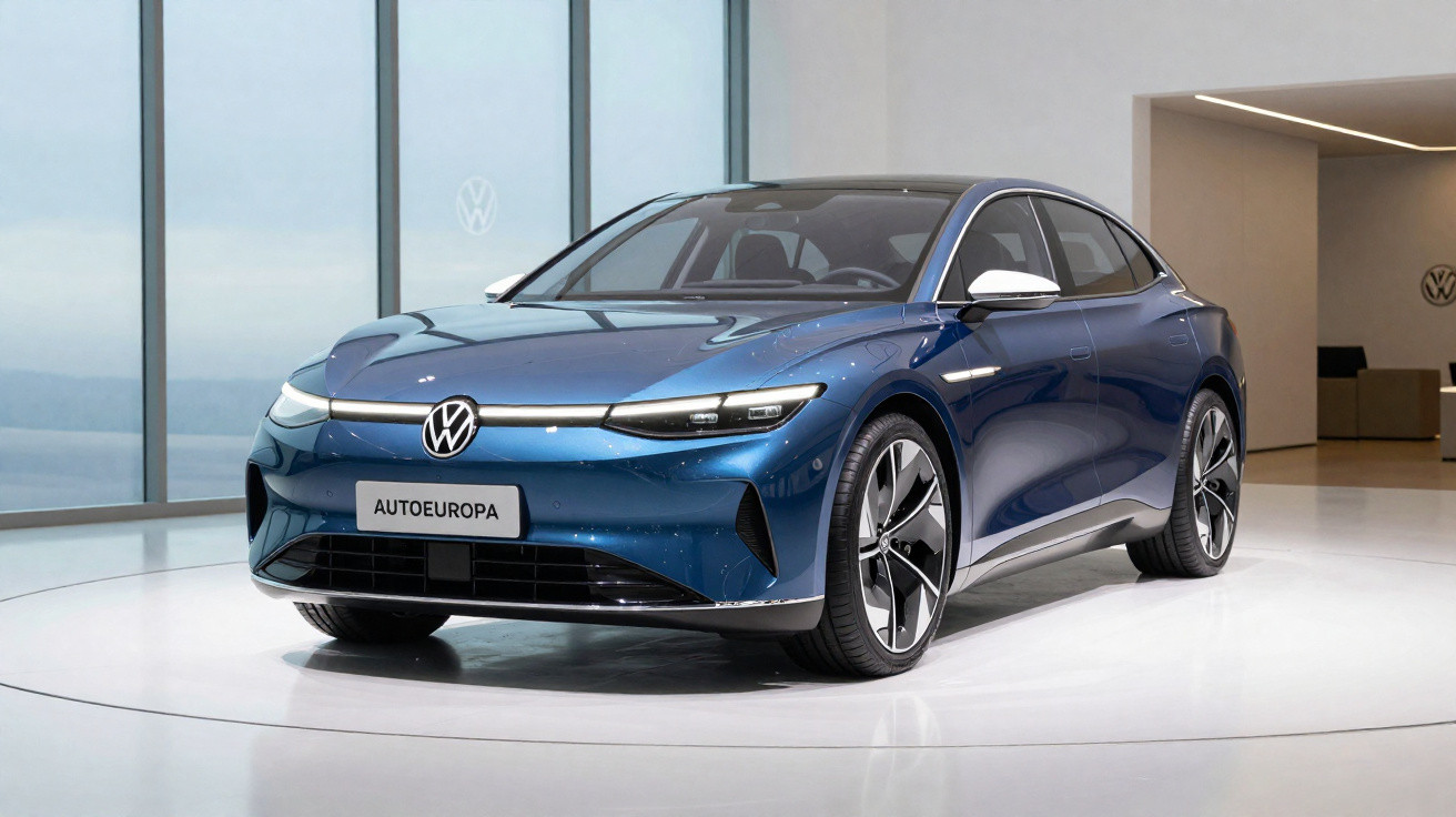 Carro elétrico Volkswagen azul em exposição moderna com luz natural e design aerodinâmico.