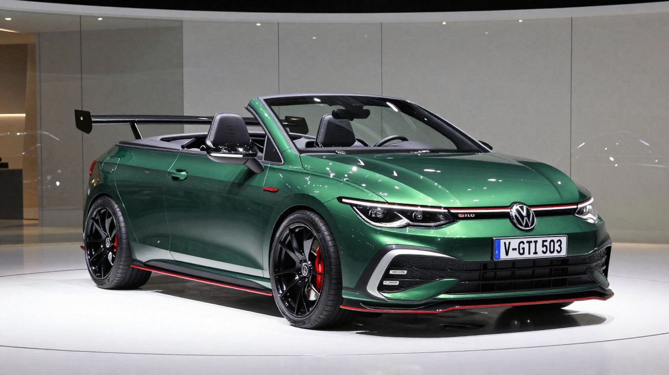 Carro conversível verde Volkswagen GTI exposto em ambiente interno com rodas pretas e detalhes vermelhos.