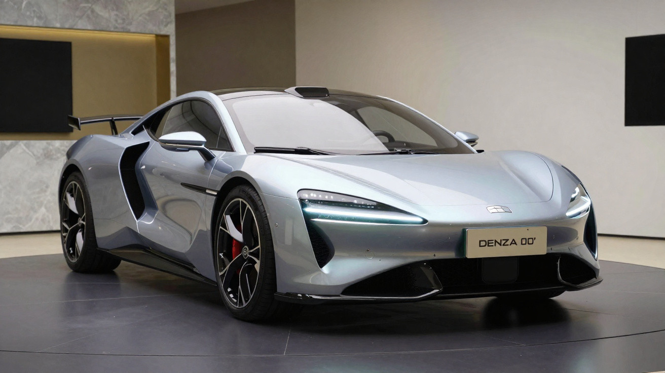 Carro esportivo elétrico prata Denza 00 em exposição, com design aerodinâmico e rodas pretas.