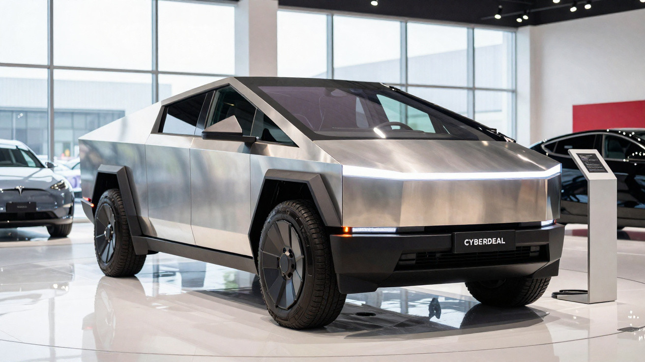 Carro elétrico futurista prateado com design angular em exposição interna, modelo Cyberdeal.