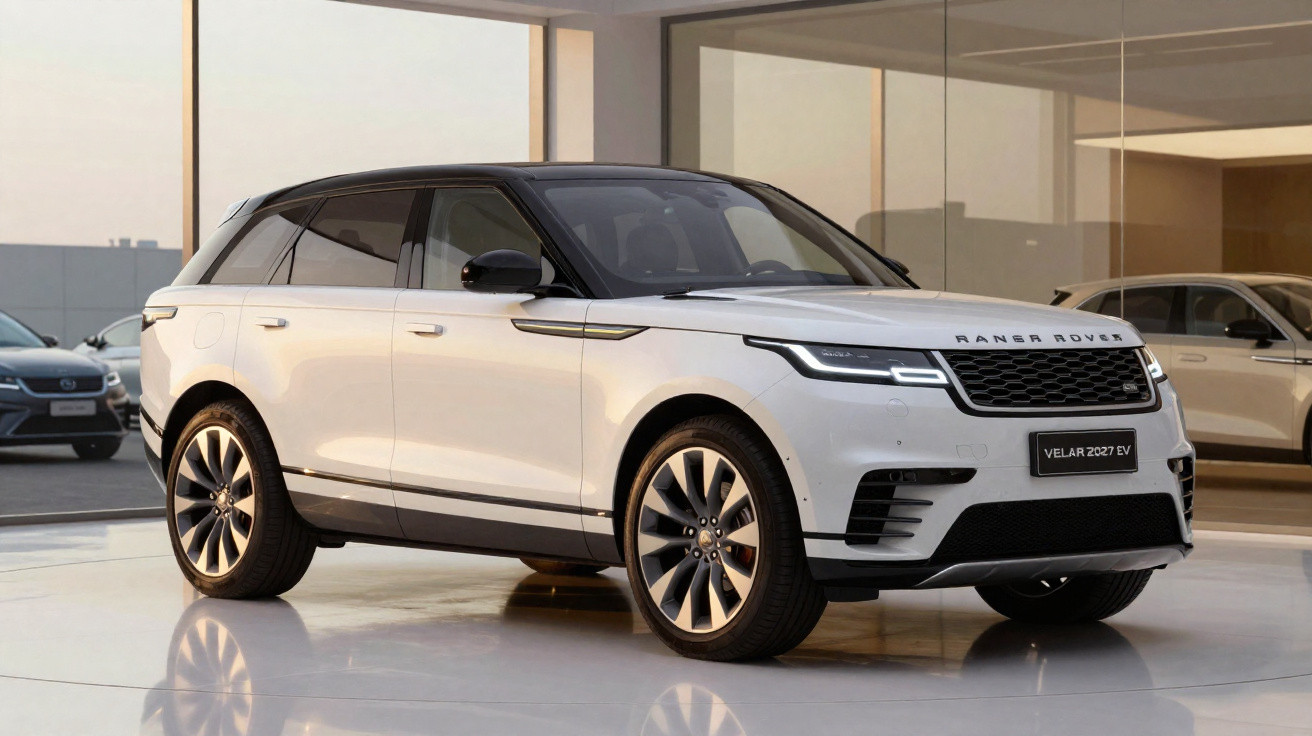 SUV Range Rover Velar 2027 EV branco brilhante exibido em showroom moderno com janelas grandes.