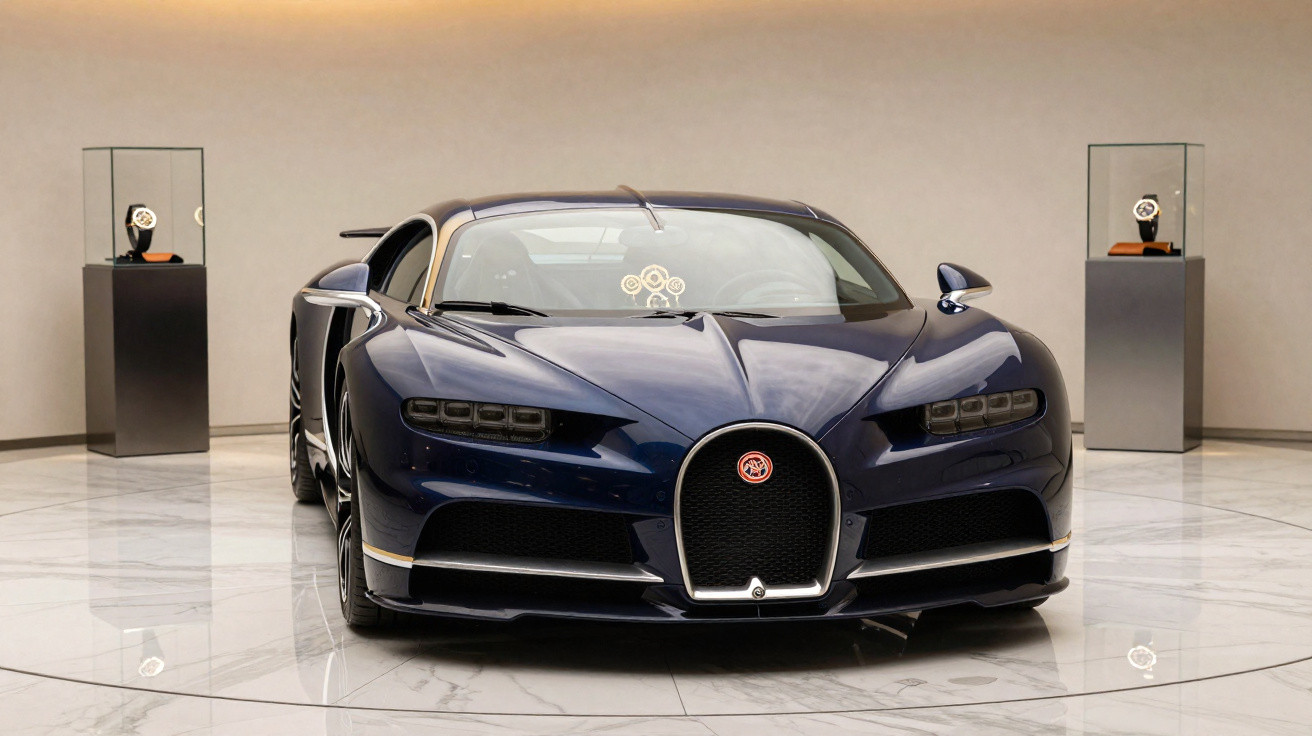Carro esportivo Bugatti azul escuro em exposição em ambiente interno com piso de mármore.