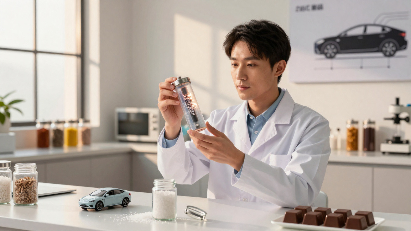 Cientista em laboratório examinando amostra em tubo de ensaio com miniatura de carro e barras de chocolate na mesa.