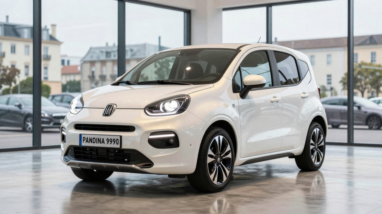 Carro Fiat branco modelo compacto estacionado em showroom com janelas amplas e reflexo no piso.