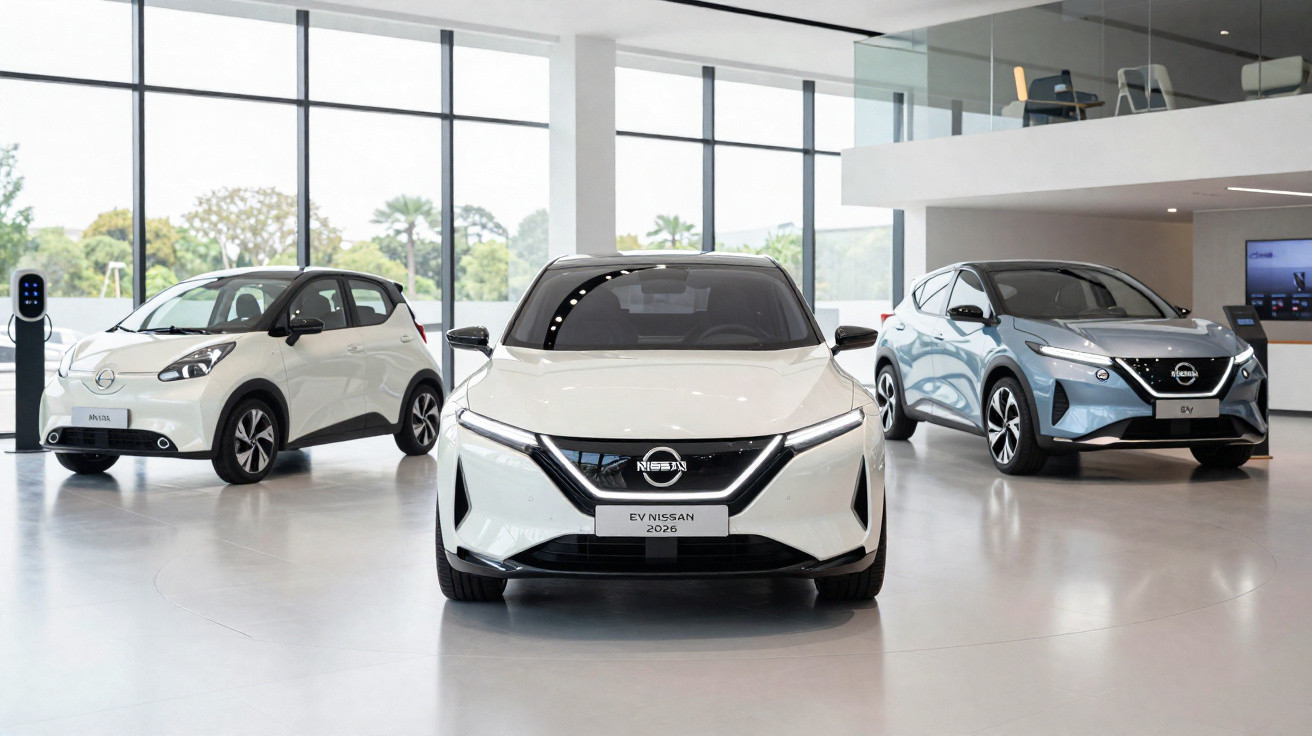 Três carros elétricos Nissan expostos em showroom moderno com janelas amplas e iluminação natural.