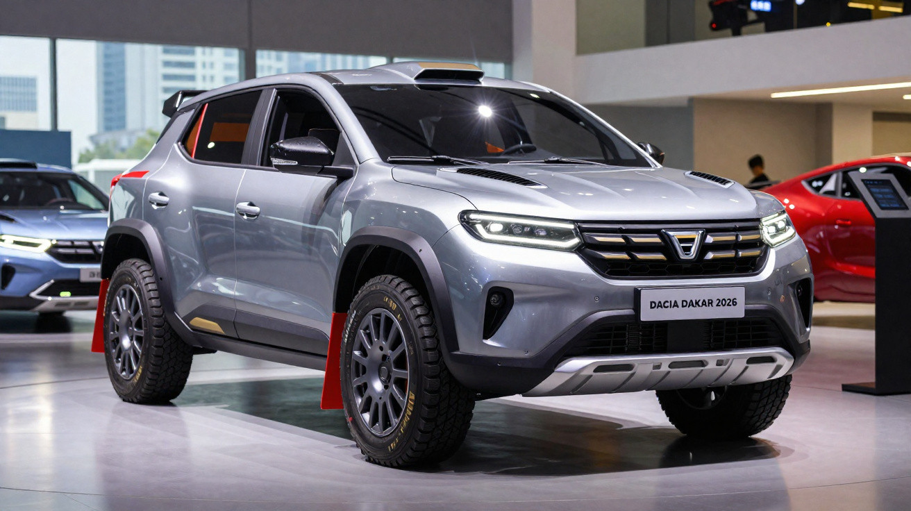 SUV cinza prata Dacia Dakar 2026 exibido em salão de automóveis moderno.