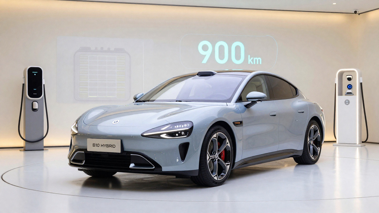 Carro elétrico cinza estacionado em showroom com carregadores e indicação de autonomia de 900 km.