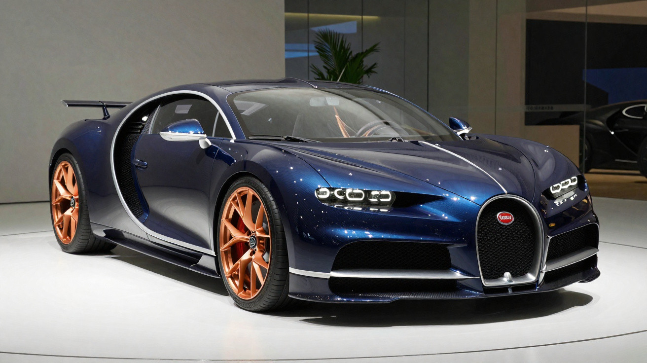 Carro esportivo Bugatti Chiron azul metálico com rodas laranja exibido em ambiente interno.