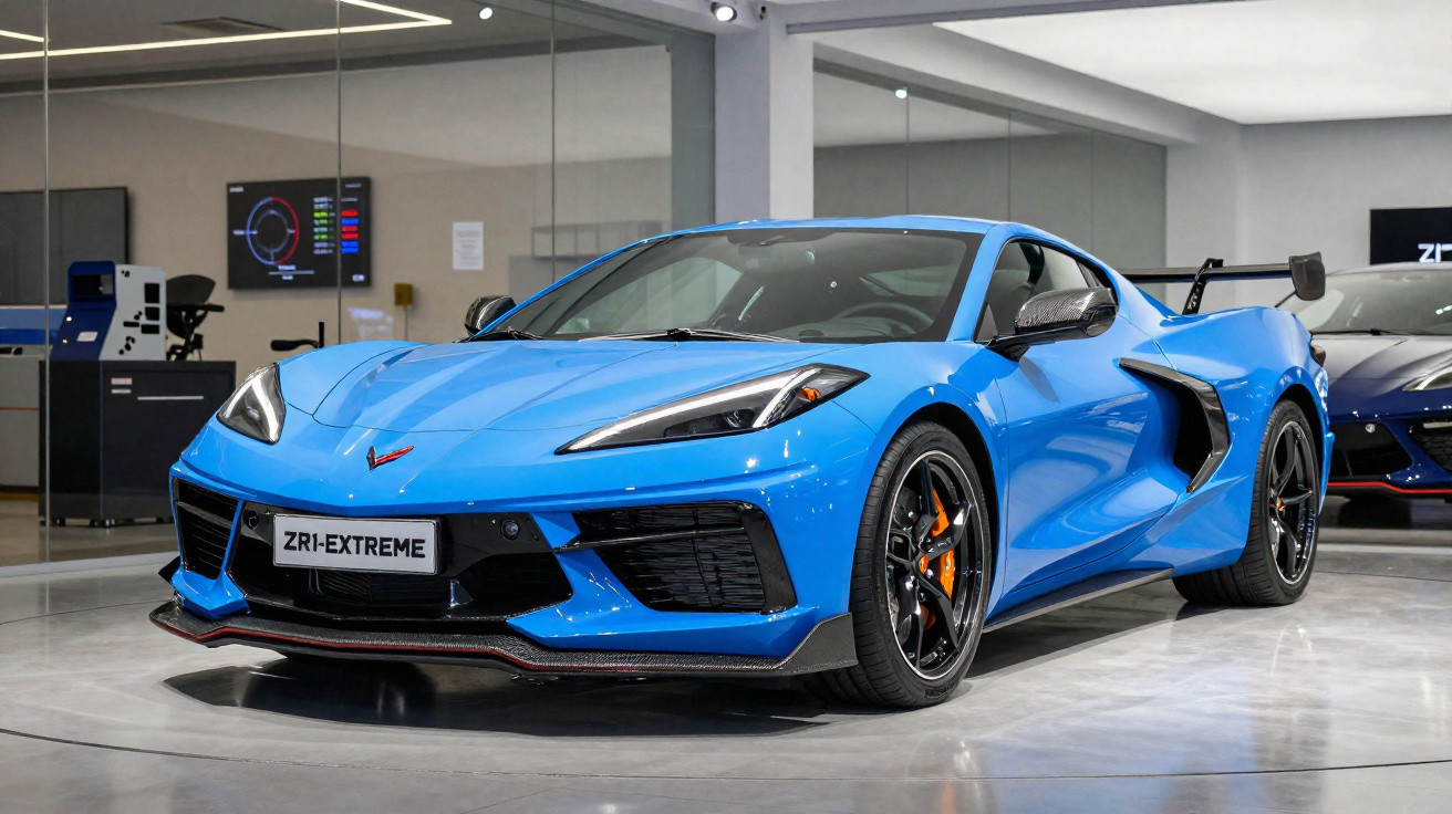 Carro esportivo azul Chevrolet Corvette ZR1-Extreme estacionado em showroom moderno e iluminado.