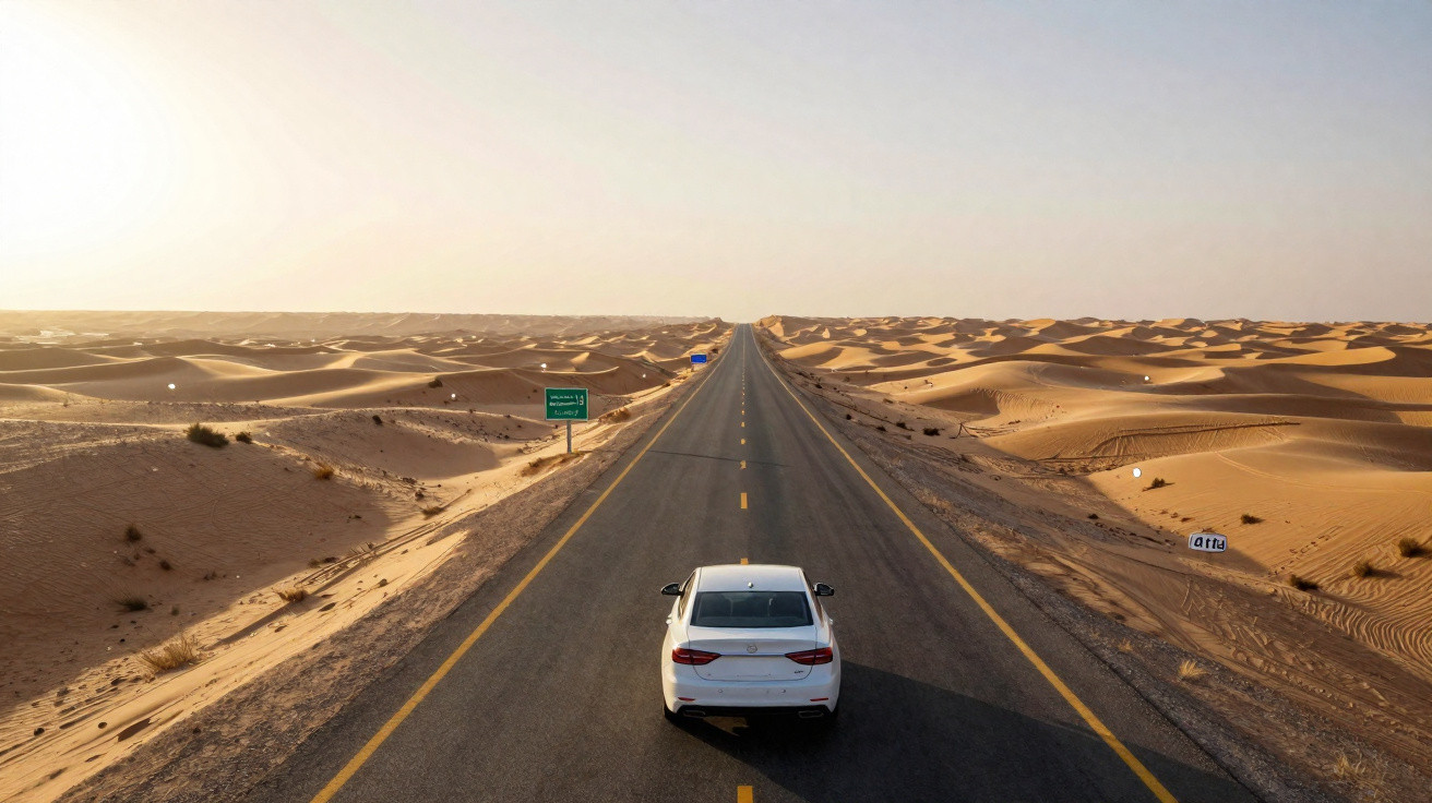 Carro branco dirigindo por estrada reta cercada por dunas no deserto sob céu claro e ensolarado.