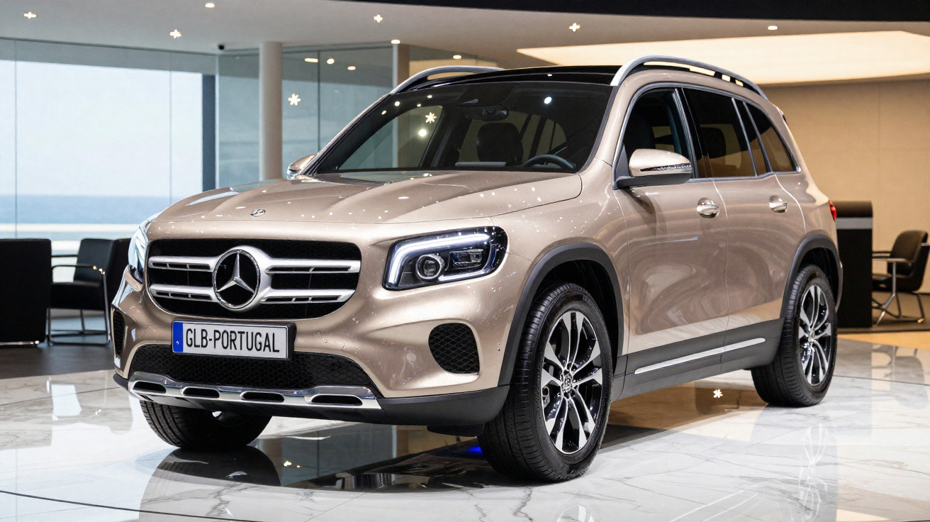 Carro SUV Mercedes-Benz GLB bege exibido em showroom moderno com piso branco e iluminação ambiente.