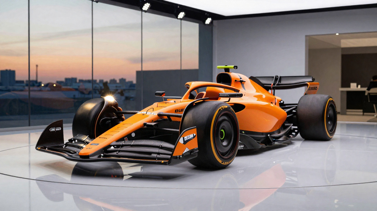 Carro de corrida Fórmula 1 laranja exibido em showroom moderno com vidro e iluminação ao entardecer.