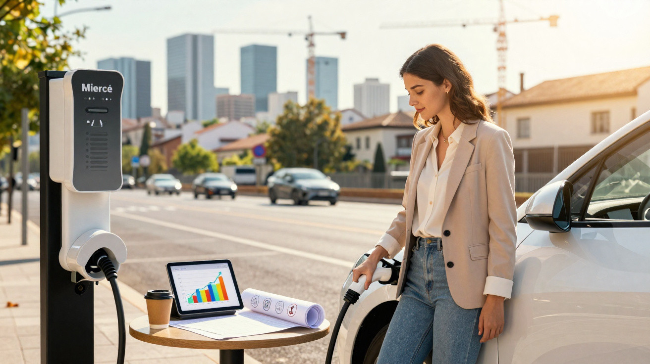 Mulher conecta carro elétrico à estação de recarga urbana com laptop e gráficos em mesa próxima.