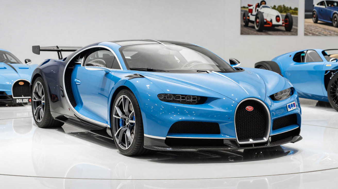 Carro esportivo azul Bugatti estacionado em exposição com outras viaturas ao fundo.